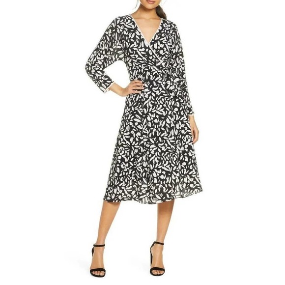 Eliza J Dresses & Skirts - NWOT Eliza J True Wrap Petal Print Dress Black White Cinched 3/4 Sleeve …